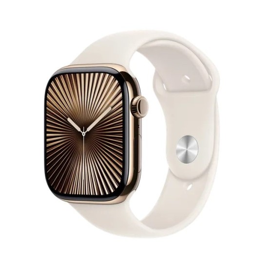 Apple Watch Series 10 GPS + Cellular, Starlight Sport Band, 42mm Retina LTPO3 OLED Display, Gold Titanium Case (S/M)