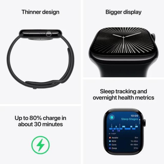 Apple Watch Series 10 GPS, Black Sport Band, 46mm Retina OLED Display, Jet Black Aluminium Case (S/M)