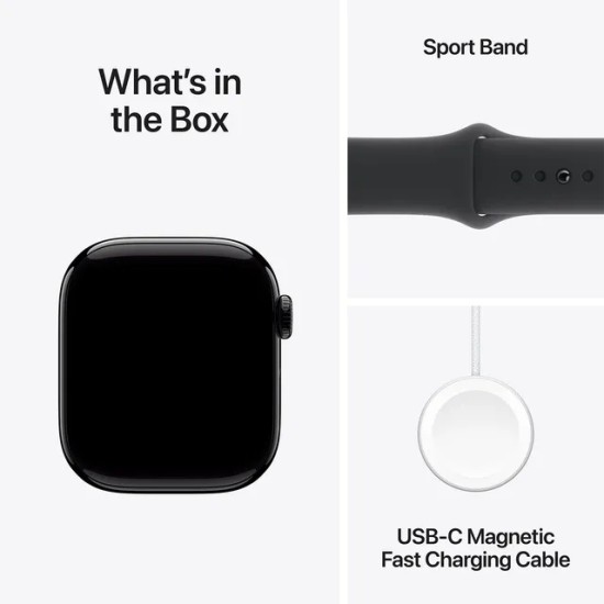 Apple Watch Series 10 GPS + Cellular, Black Sport Band, 42mm Retina OLED Display, Black Aluminum Case (S/M)
