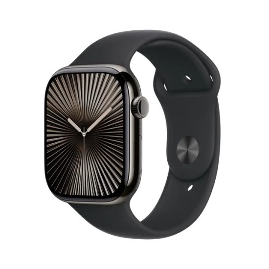 Apple Watch Series 10 GPS + Cellular, Black Sport Band, 42mm Retina OLED Display, Slate Titanium Case (S/M)