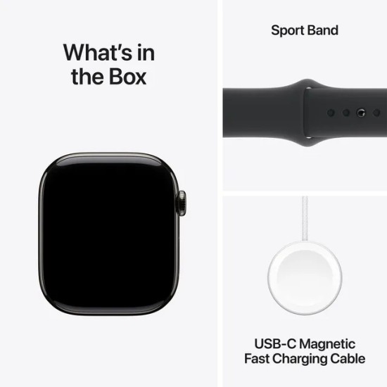 Apple Watch Series 10 GPS + Cellular, Black Sport Band, 46mm Retina OLED Display, Slate Titanium Case (M/L)