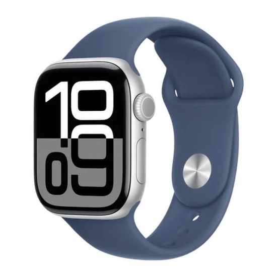 Apple Watch Series 10 GPS, Denim Sport Band, 42mm Retina OLED Display, Silver Aluminium Case (M/L)