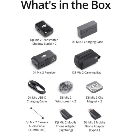 DJI Mic 2 (2 TX + 1 RX + Charging Case), Wireless Microphone, Intelligent Noise Cancelling, 32-bit Float Internal Recording, 250m (820 ft.) Range