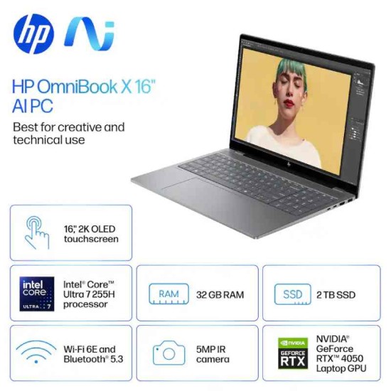 HP OmniBook X 16-AW0033DX Laptop AI PC | Intel Core Ultra 7 255H | 32GB RAM | 2TB SSD | GeForce RTX 4050 6GB | Windows 11 Home | 16 inch 2K OLED Touch Display | English Keyboard | Silver