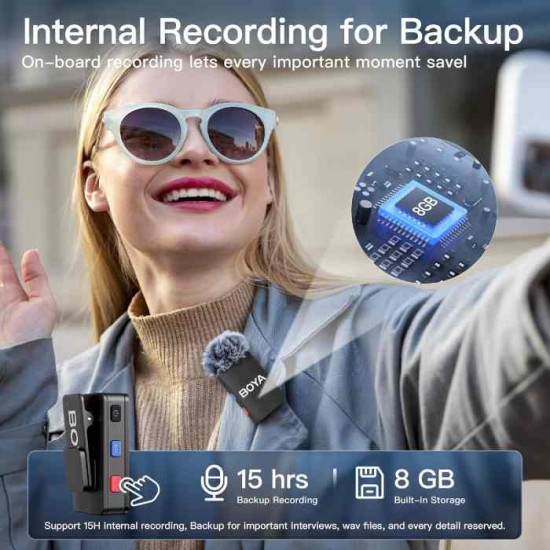 Boya BOYAMIC Professional Wireless Lavalier Microphone For Iphone Android Camera with 8GB-Onboard Recording Up to 15H 300M Transmission for Cameras Mixers for Live Streaming Vlogging Interview Recording