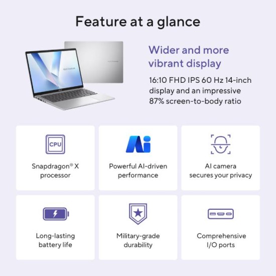 ASUS Vivobook 14 | Snapdragon X X1 26 100 | 16GB RAM | 1TB SSD | Qualcomm Adreno GPU | Windows 11 Home | 14 inch WUXGA Display | Eng/Arabic Keyboard | Platinum Gold