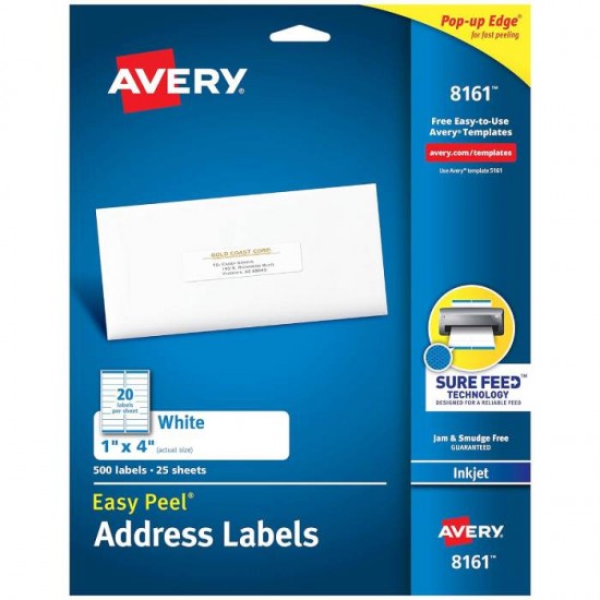  Avery Address Labels with Sure Feed for Inkjet Printers, 1" x 4", 500 Labels, Permanent Adhesive (8161), White