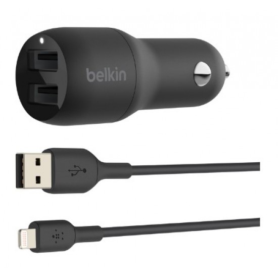 Belkin BoostCharge Dual USB-A Car Charger 24W + USB-A to USB-C Cable, Part Number:CCE001bt1MBK