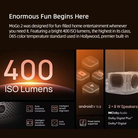 XGimi MoGo 2 HD Long Throw Portable Projector, 400 ISO Lumens, Up to 200 inch Screen Size, 2x 8W Dolby Audio Speakers, Androidtv, Powerbank Supported, for Home/Office/Camping/Travel - Silver