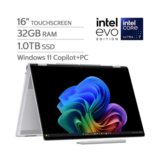 HP OmniBook 7 Flip 16 2-in-1 Laptop – Intel Core Ultra 7 258V / 16-inch 3K OLED Touch / 1TB SSD / 32GB RAM / Intel Arc 140V / Windows 11 Home / Silver – [16-au0773cl]
