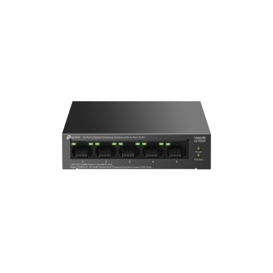 TP-Link LiteWave 5-Port Gigabit PoE+ Desktop Switch – 4-Port 802.3af/at / 65W PoE Budget / Fanless – [LS105GP]