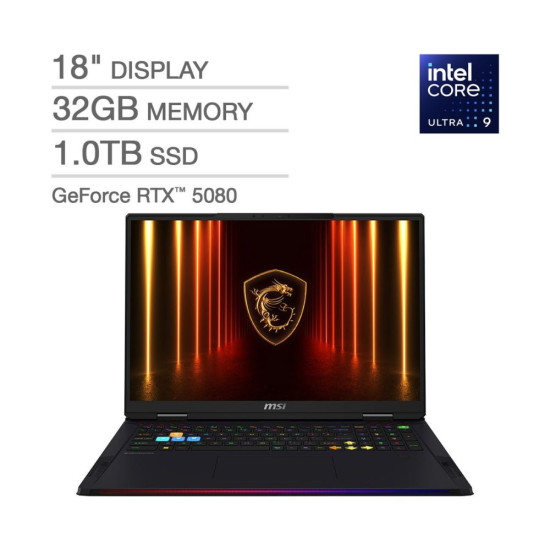 MSI Raider 18 HX AI Gaming Laptop – Intel Core Ultra 9 285HX / 18-inch QHD+ 240Hz / 1TB SSD / 32GB RAM / 16GB NVIDIA GeForce RTX 5080 Graphics / Windows 11 Home / Core Black – [A2XWIG-420US]